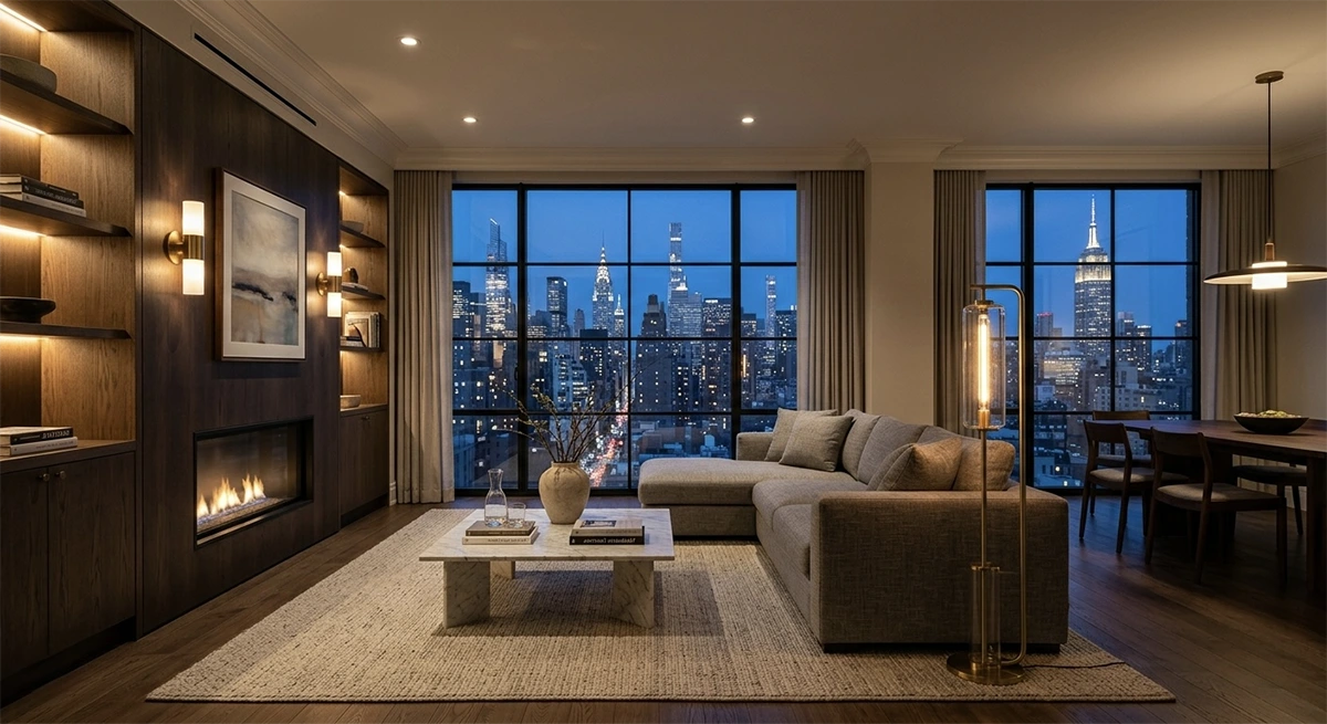 An elegantly lit Manhattan living room at dusk, demonstrating the value of layered artificial lighting, including ambient, task, and accent fixtures, to enhance the property's appeal