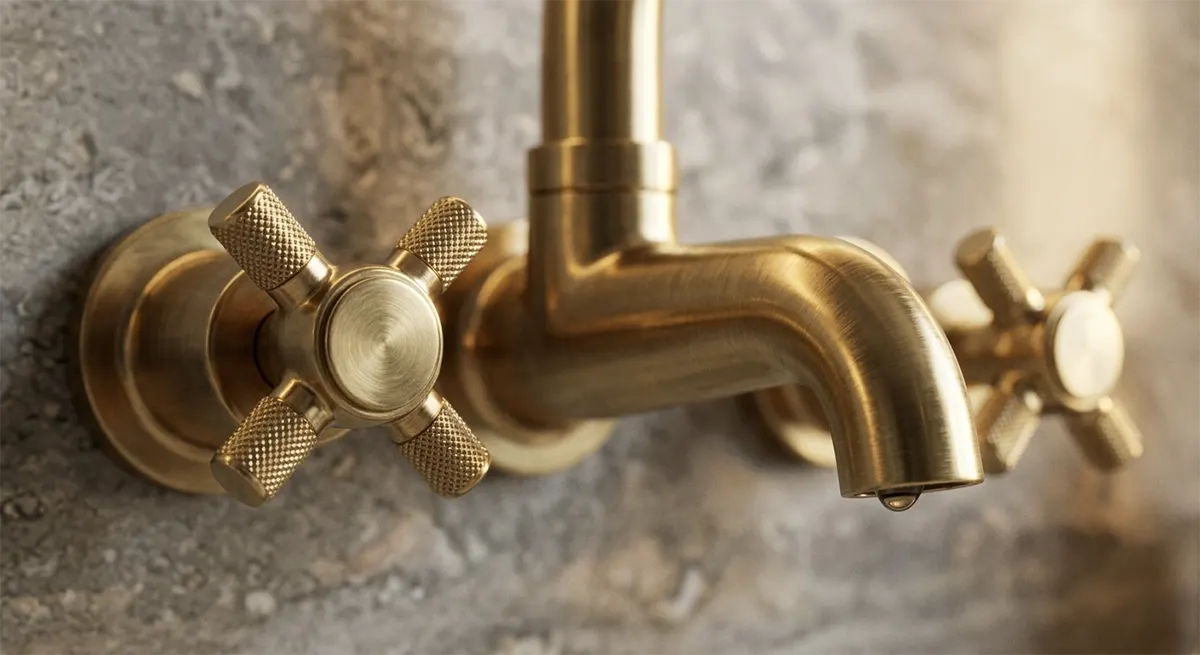 Macro close-up of a luxury wall-mounted brushed brass bathroom faucet featuring knurled cross handles, set against a textured stone backsplash with a single water droplet falling