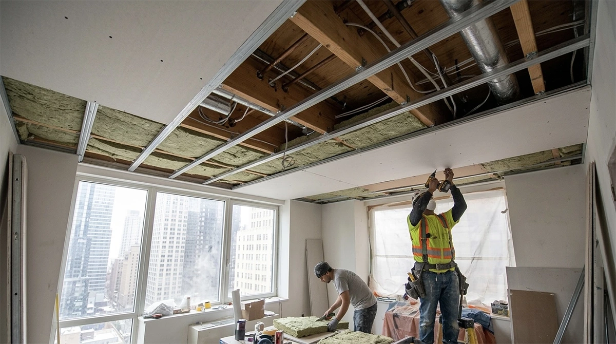 В разделе Ceilings, сразу после предложения "Isolation hangers and clips allow the ceiling to be decoupled from the structure above so that additional layers of gypsum with damping compounds can be added without rigidly connecting to the slab.