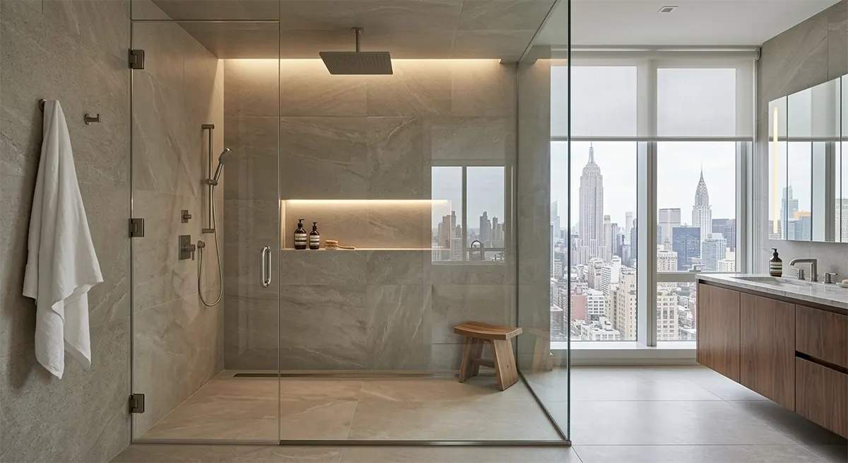 A finished luxury bathroom showcasing a seamless glass-enclosed walk-in shower with large-format grey tiles, a linear drain, and a large window overlooking the New York City skyline