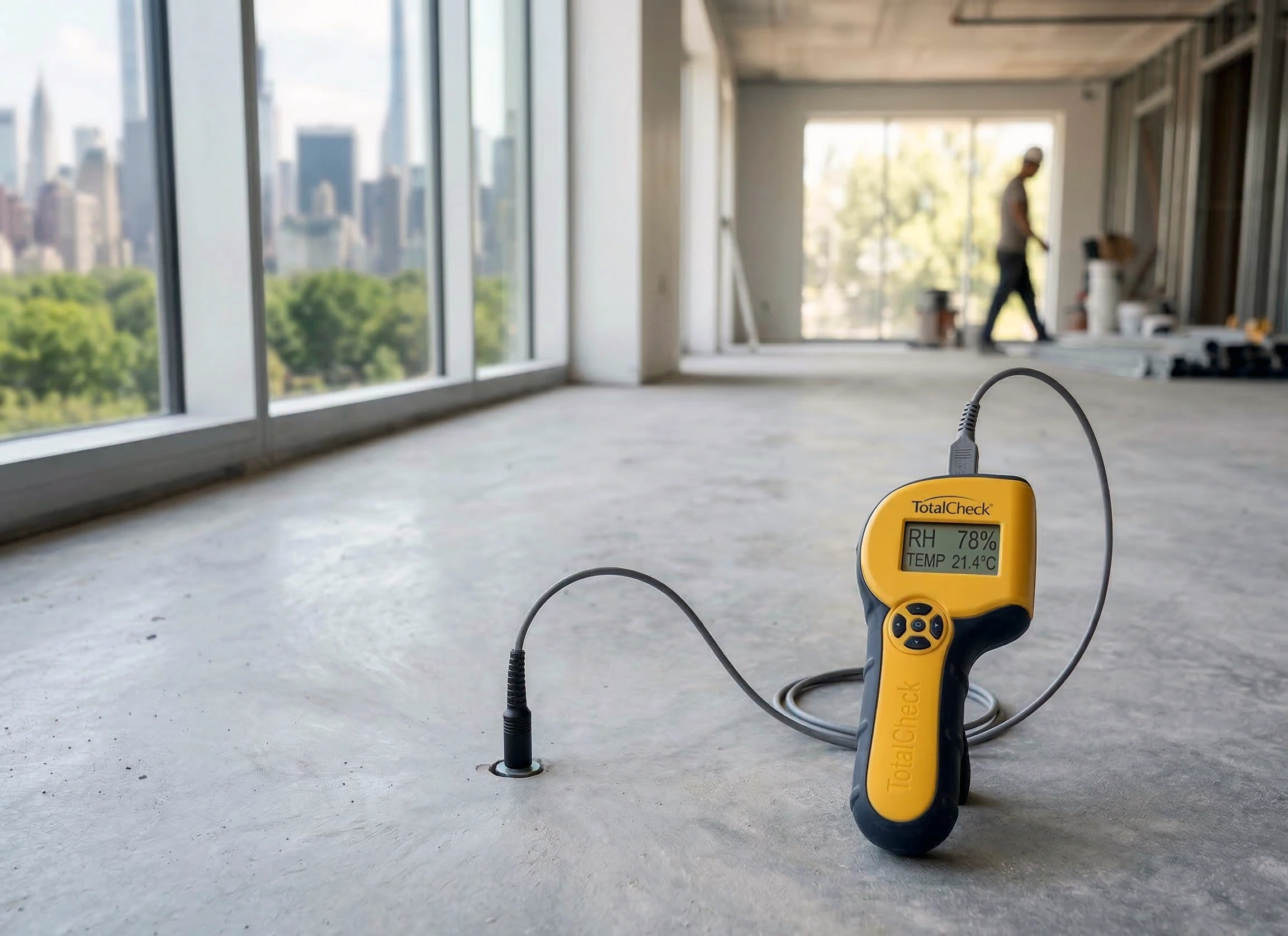 Delmhorst TotalCheck RH probe measuring 78% relative humidity in concrete slab at a construction site
