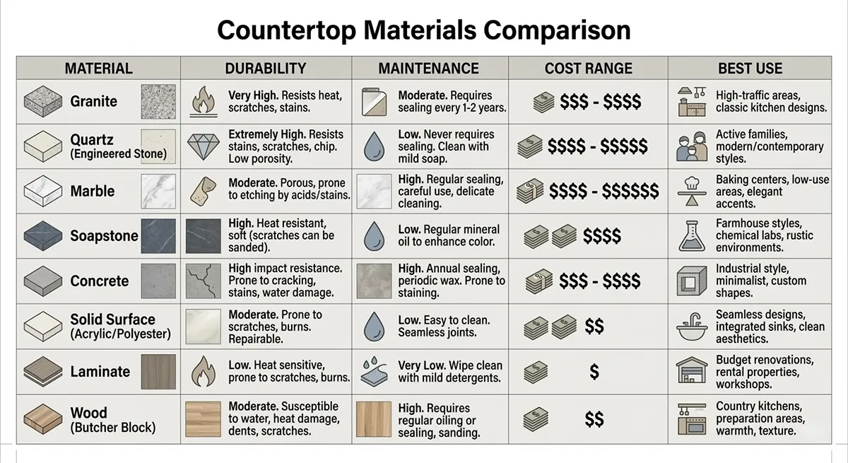 Comparison chart of various kitchen countertop materials such as granite, quartz, and marble, evaluating their durability, maintenance requirements, cost range, and best uses