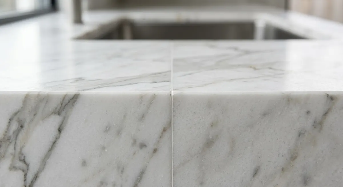 Extreme close-up of a meticulously aligned and filled seam on a white marble kitchen countertop edge, demonstrating high-precision fabrication and installation