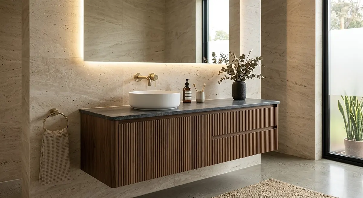 Modern bathroom design showcasing a custom floating dark wood vanity with a fluted texture, a white vessel sink, brass wall-mounted fixtures, and a warm backlit LED mirror against light travertine walls