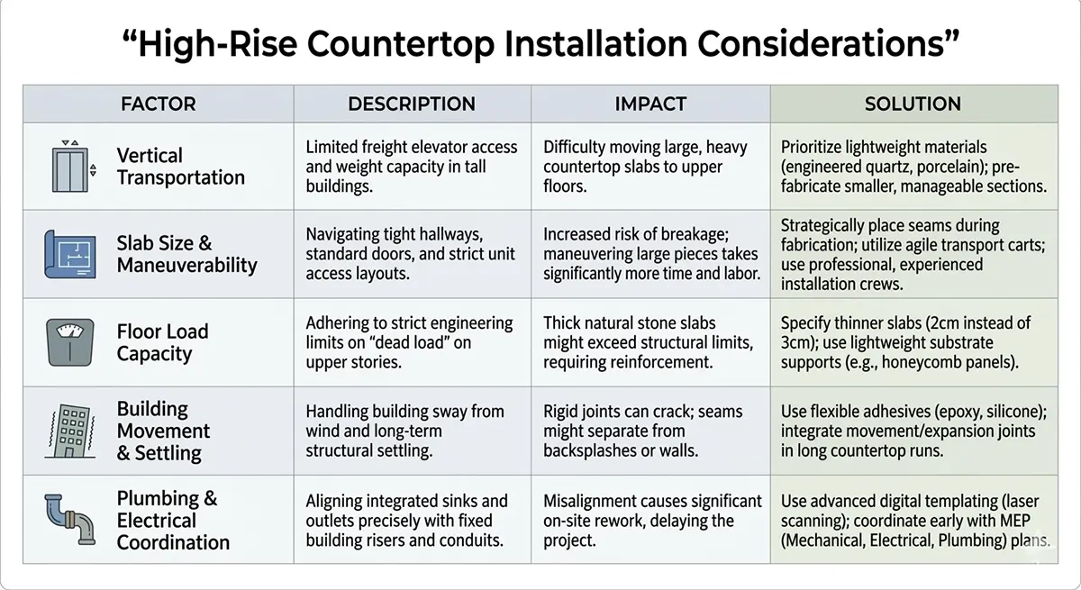 Infographic detailing high-rise countertop installation considerations, including vertical transportation limits, floor load capacity, building movement, and plumbing coordination