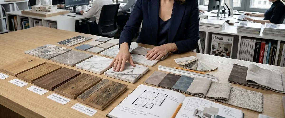 Close-up of an interior designer in a studio organizing and selecting premium finish materials for a renovation, including marble, various wood flooring samples, fabrics, and paint swatches on a large table