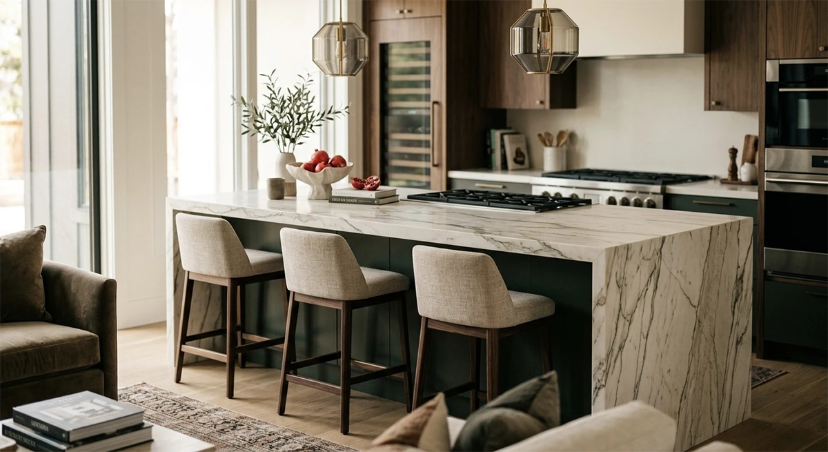 A marble waterfall kitchen island with three upholstered bar stools between the kitchen workspace and the adjacent living area