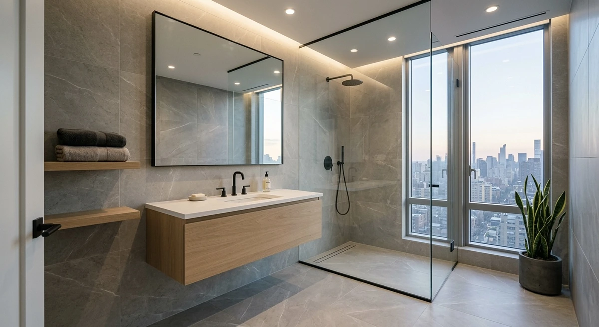 Modern bathroom showcasing large-format grey stone-look porcelain tiles on the floor and walls, creating a seamless, low-clutter transition into a glass-enclosed shower