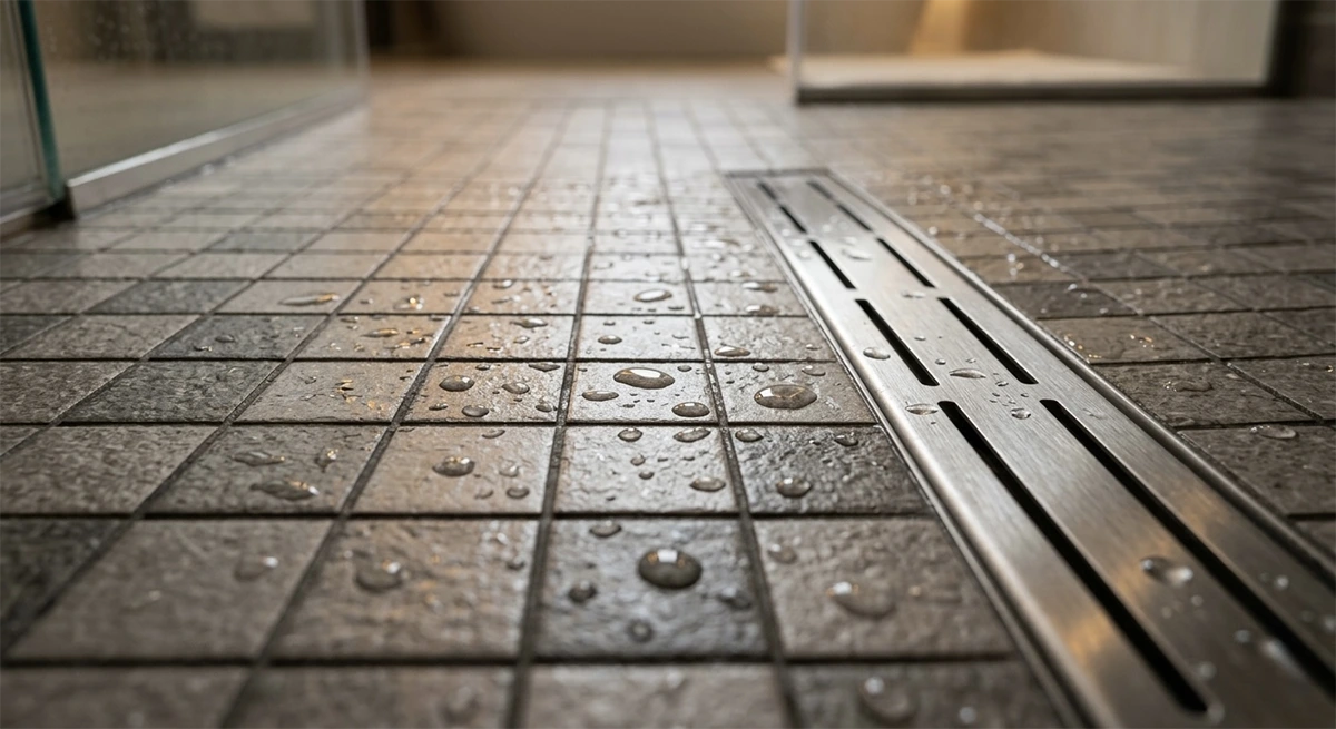 Close-up of a stainless steel linear shower drain installed flush into a precisely sloped floor made of small grey mosaic tiles covered in water droplets.