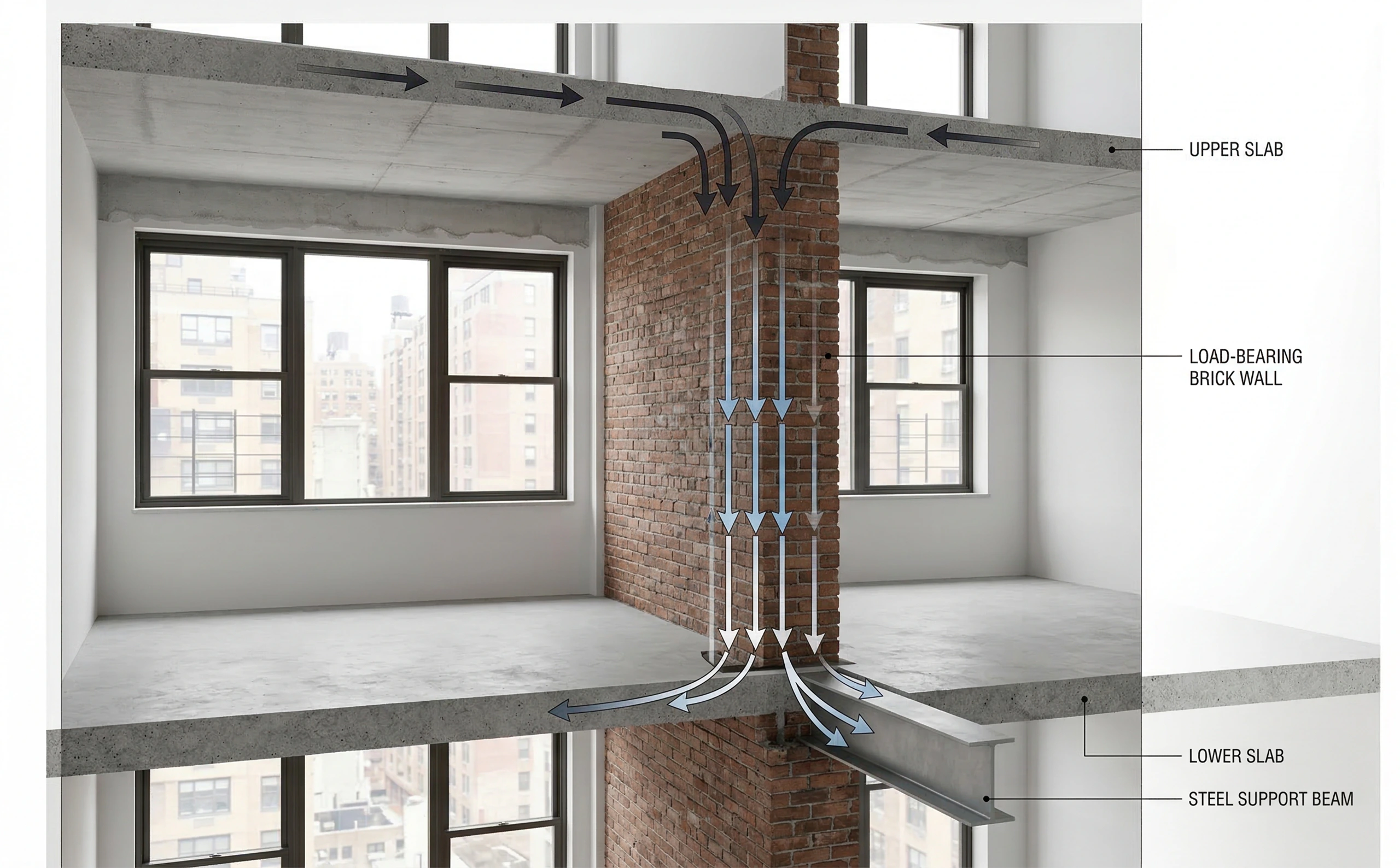 A 3D architectural diagram illustrating the continuous load path of weight traveling down through a brick load-bearing wall and into a steel support beam