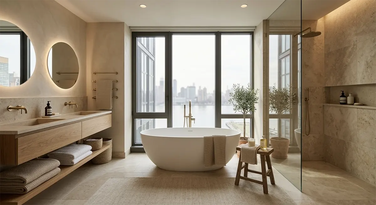 Serene luxury bathroom bathed in natural light, featuring a white freestanding soaking tub situated by a large window with a city skyline and water view, complemented by a light oak double vanity and soft beige stone tiles