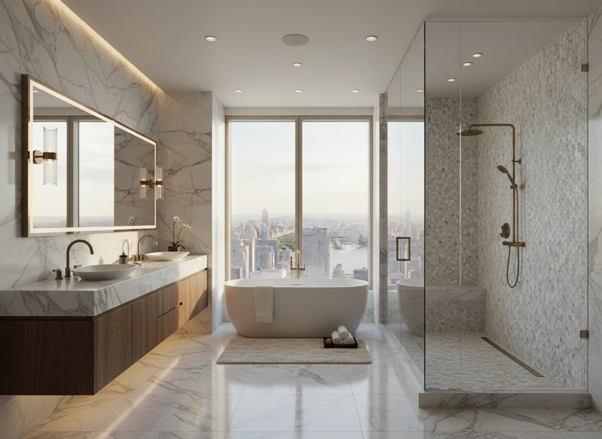 Bright luxury Manhattan bathroom featuring white marble tiles, a warm wood double vanity, freestanding tub, brass fixtures, and a glass-enclosed shower with city views