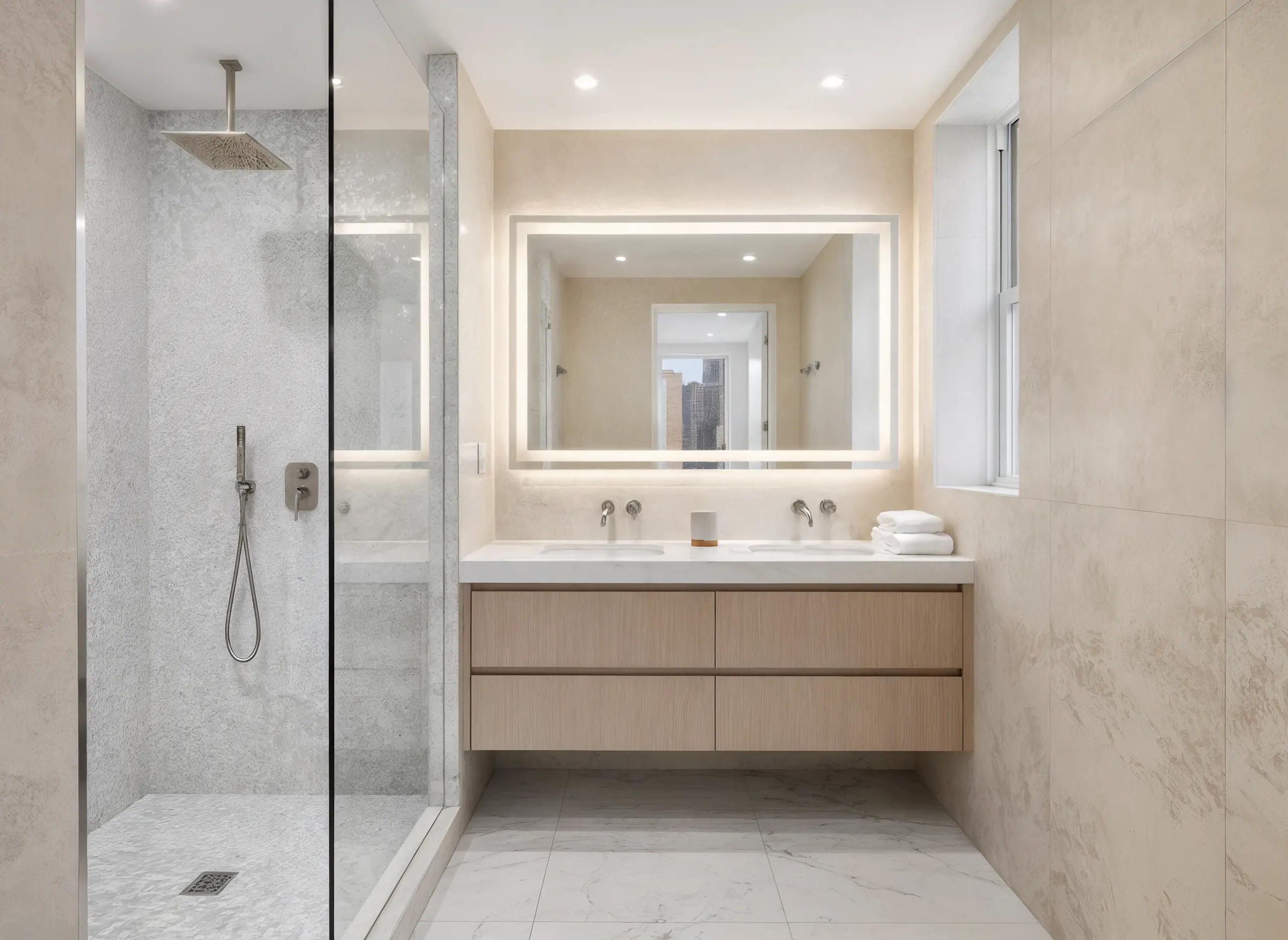 Fully renovated modern luxury Manhattan bathroom featuring large-format stone wall tiles, a frameless glass-enclosed walk-in shower, a floating light wood double vanity, and an illuminated LED mirror