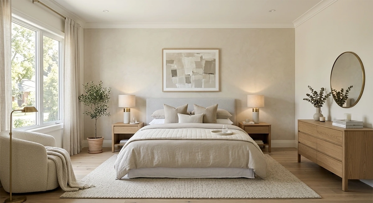 A serene, neutrally decorated bedroom in a Manhattan apartment showcasing cohesive warm beige tones, light wood floors, and soft textural finishes to appeal to luxury buyers