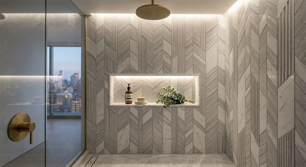 Luxury walk-in shower featuring a geometric chevron marble tile wall, an illuminated built-in product niche, brass fixtures, and a glass partition with a city skyline view