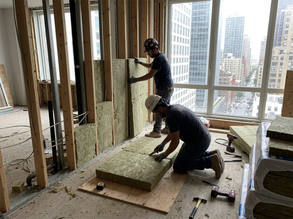 Two construction workers installing thick green mineral wool acoustic insulation into a wooden stud wall frame during a high-rise apartment renovation