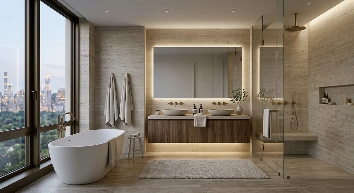 Warm and atmospheric modern bathroom demonstrating layered lighting design, featuring a glowing backlit mirror, under-vanity ambient lighting, a freestanding tub by a large window, and elegant travertine stone finishes