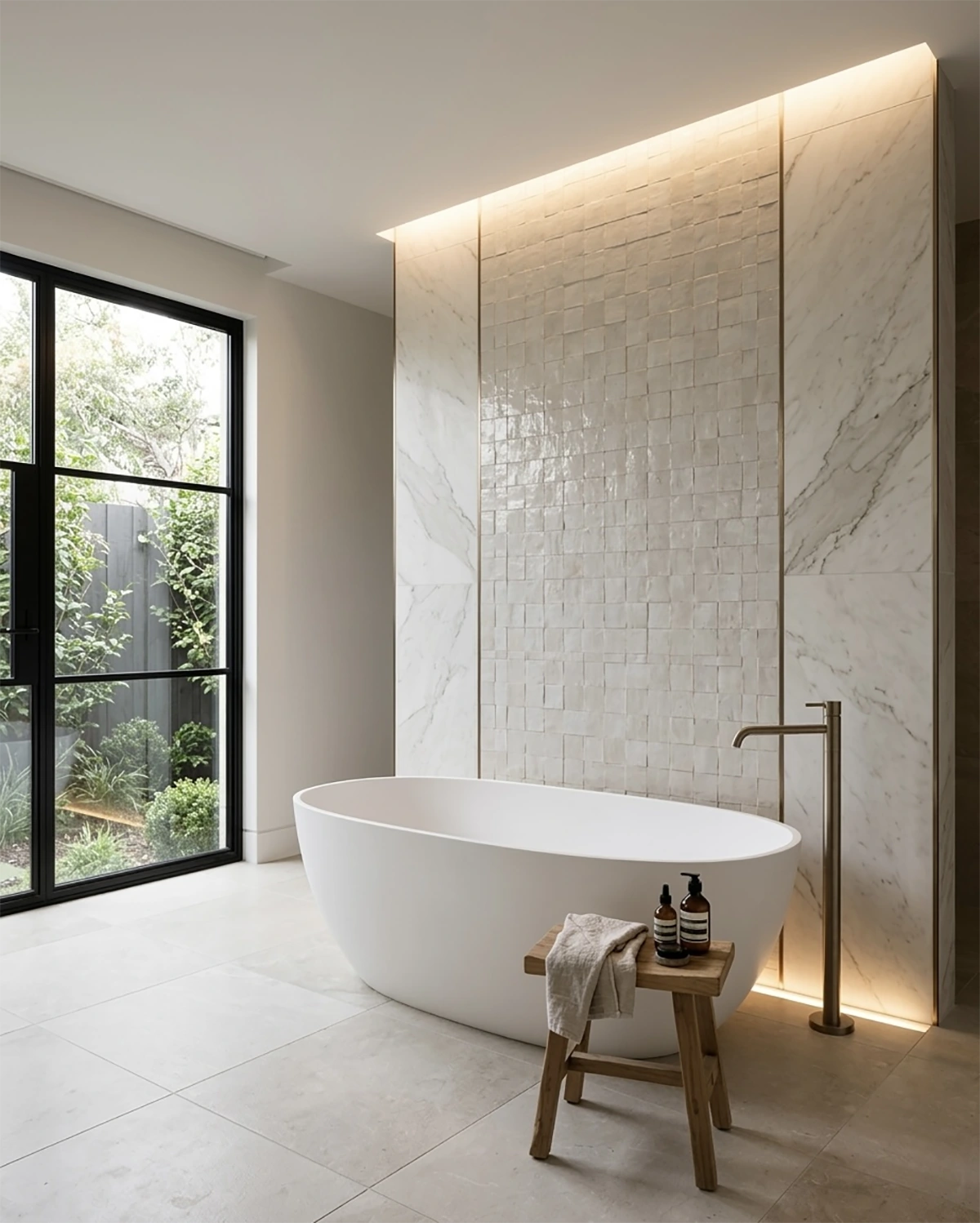 Modern luxury bathroom featuring a central Zellige-style textured off-white mosaic tile strip framed by large marble slabs on a feature wall behind a freestanding tub, accentuated by cove lighting. Large black-framed glass doors look out to a green garden