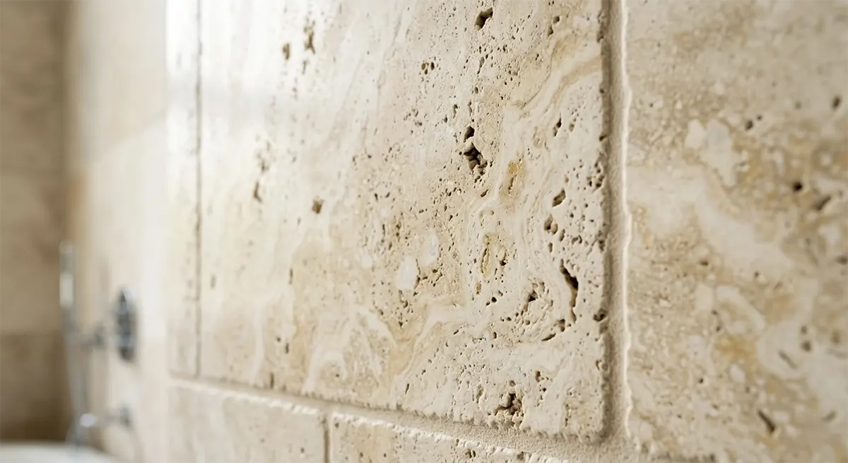 Extreme close-up of porous natural travertine stone wall tiles in a bathroom, highlighting the organic, tactile texture, pitted surface details, and warm beige color variations