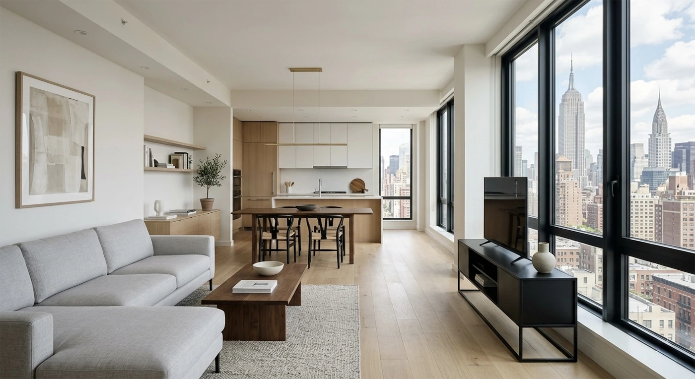 An open-concept Manhattan apartment living room seamlessly flowing into a modern, neutral wood and white kitchen, demonstrating clear sightlines and functional layout