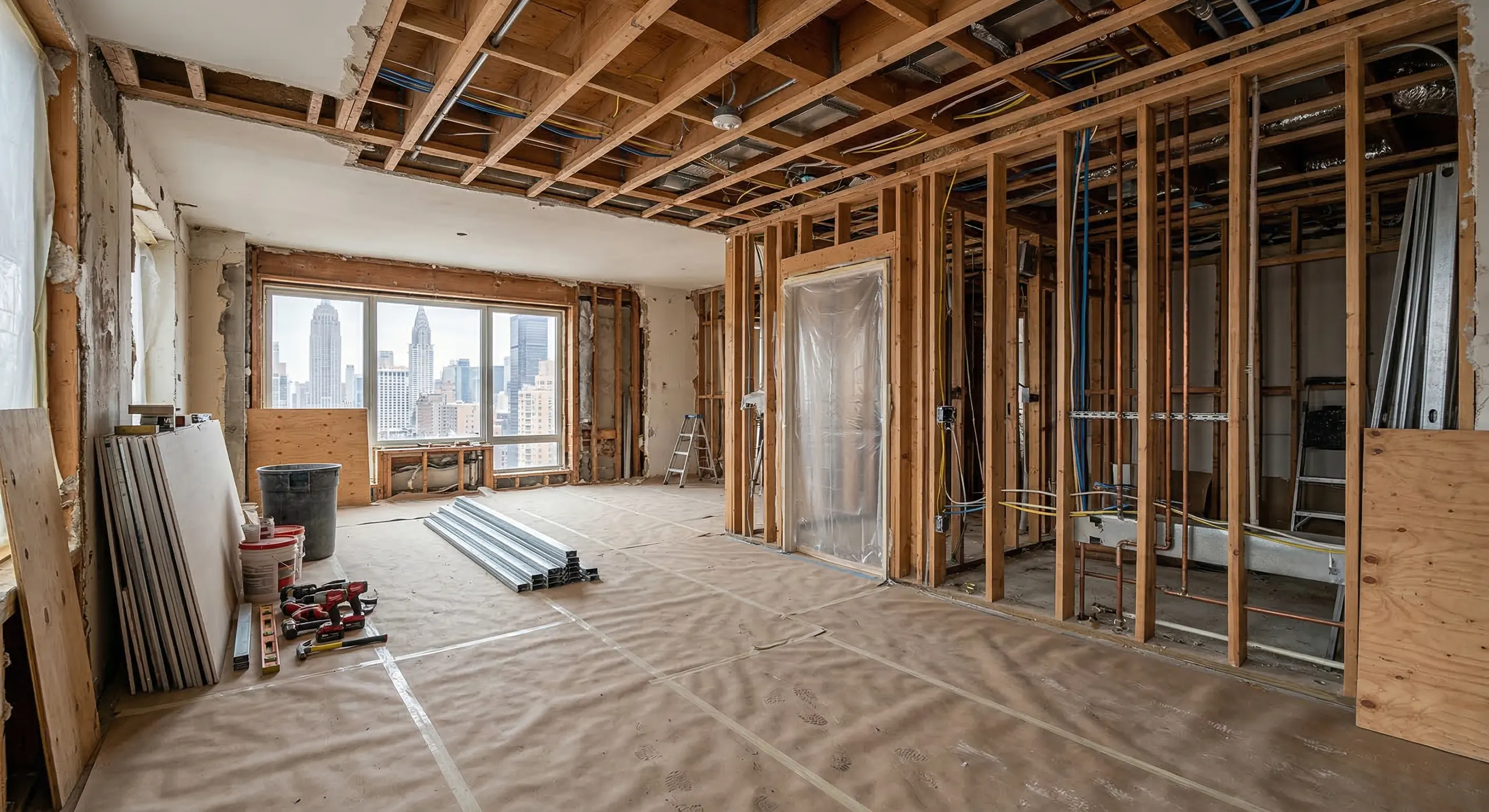 Manhattan apartment interior during the rough construction phase of a gut renovation, showing newly installed wooden wall framing, exposed plumbing pipes, electrical wiring, and protective floor paper