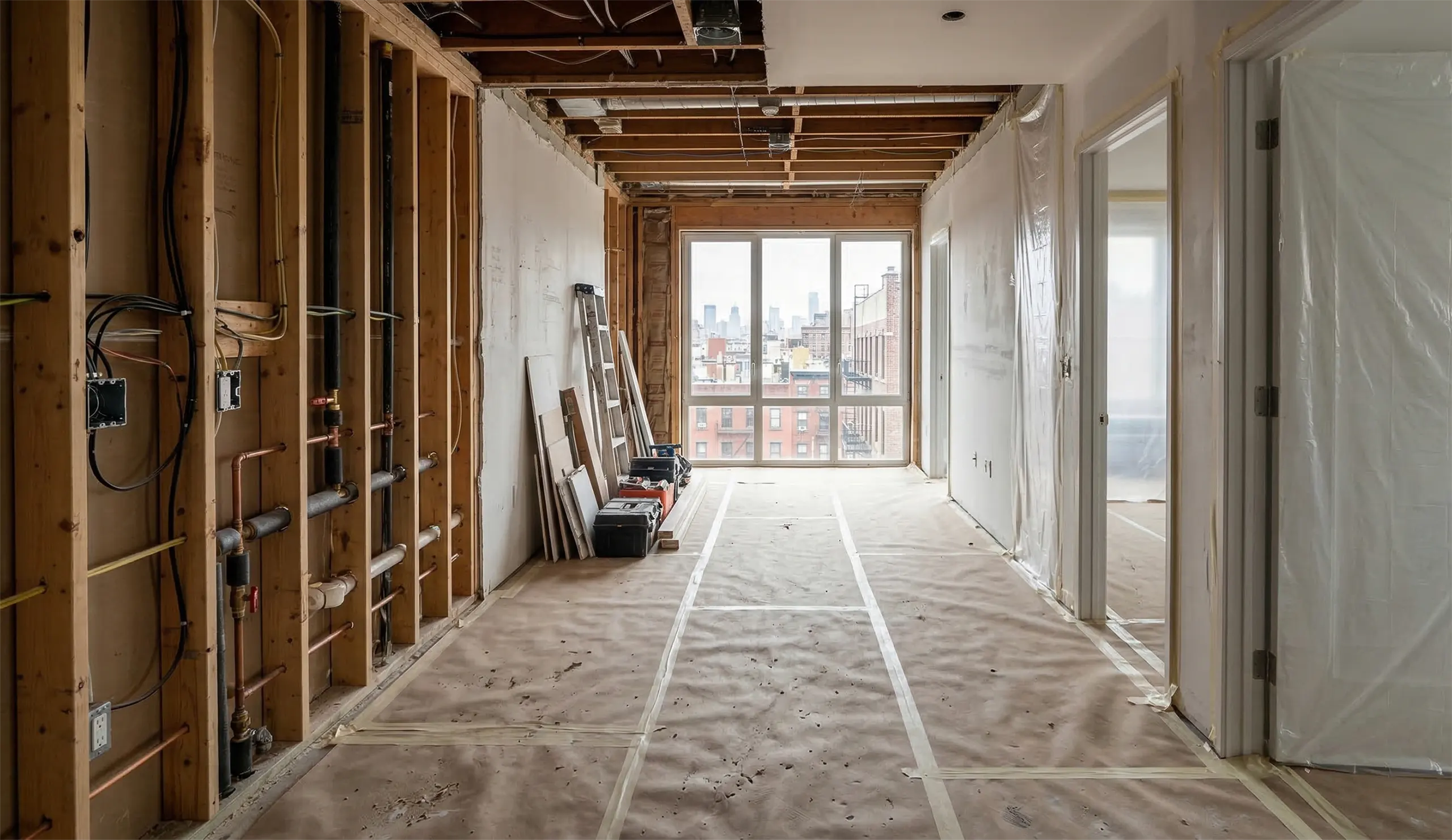 Gutted Manhattan apartment during the early stages of a full renovation, showing exposed wooden framing, new copper plumbing, electrical wiring, and protective floor covering before drywall installation