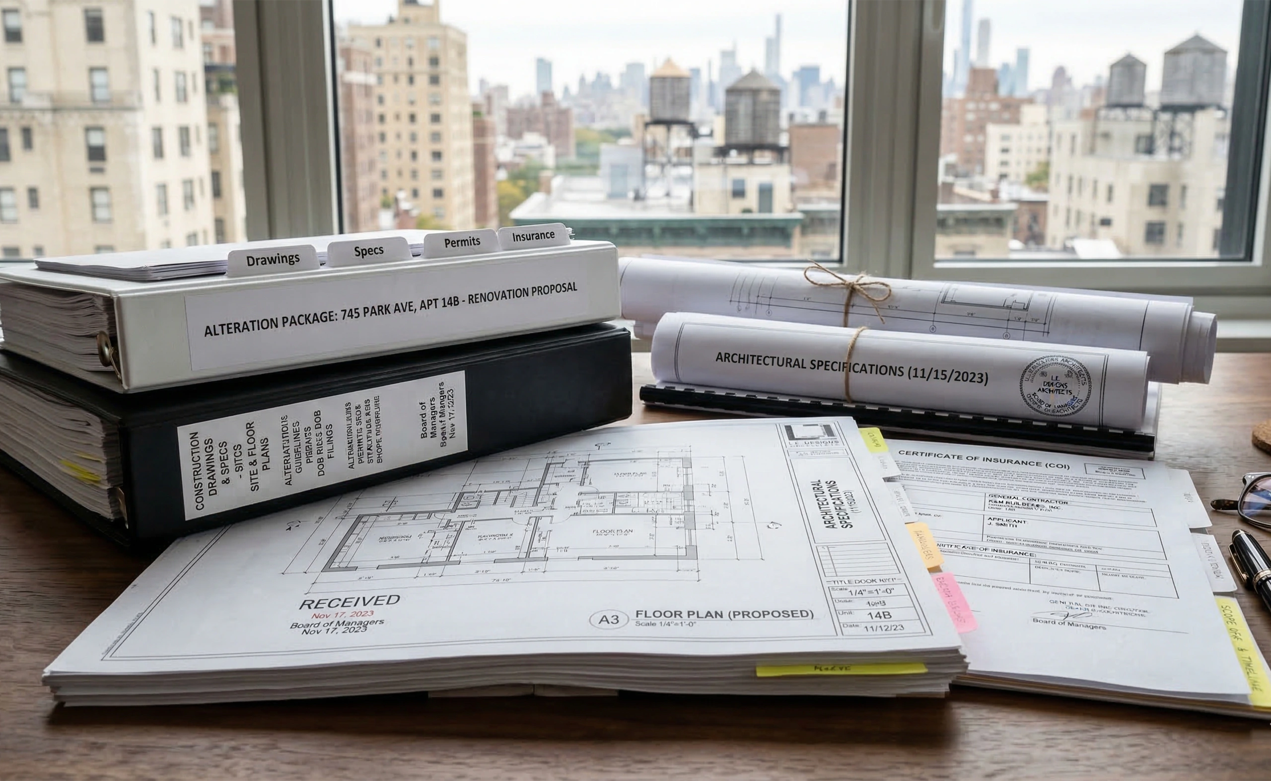 Binders labeled Alteration Package, architectural specifications, and blueprints resting on a desk with a Manhattan skyline view, representing the extensive planning phase of a renovation