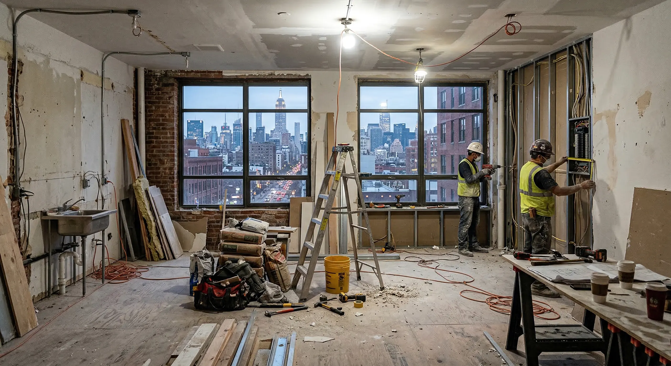 Contractors performing a property condition assessment in a gutted Manhattan apartment, inspecting electrical panels and wiring against exposed brick walls with a view of the Empire State Building.