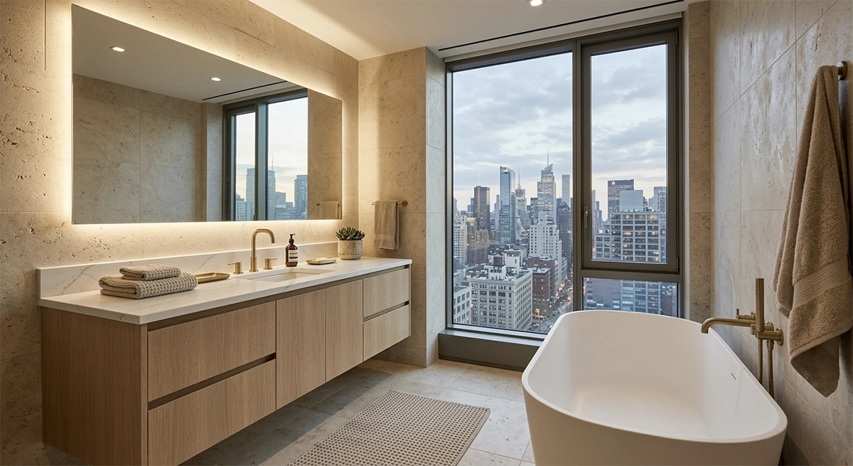A luxurious, sale-ready Manhattan bathroom featuring large-format neutral stone tiles, a floating wood vanity, brass fixtures, and a freestanding tub overlooking the skyline.