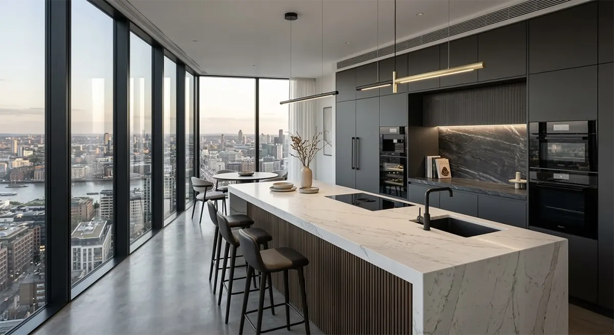 Modern dark grey kitchen in a high-rise apartment featuring a long marble island with an integrated sink and flush-mounted cooktop cutouts, overlooking the city