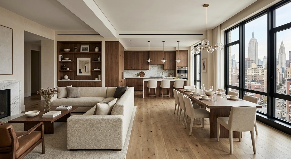 A highly organized open-plan apartment layout featuring clear circulation paths, warm wood millwork, and distinct lighting fixtures that define the kitchen island, dining table, and living room seating area