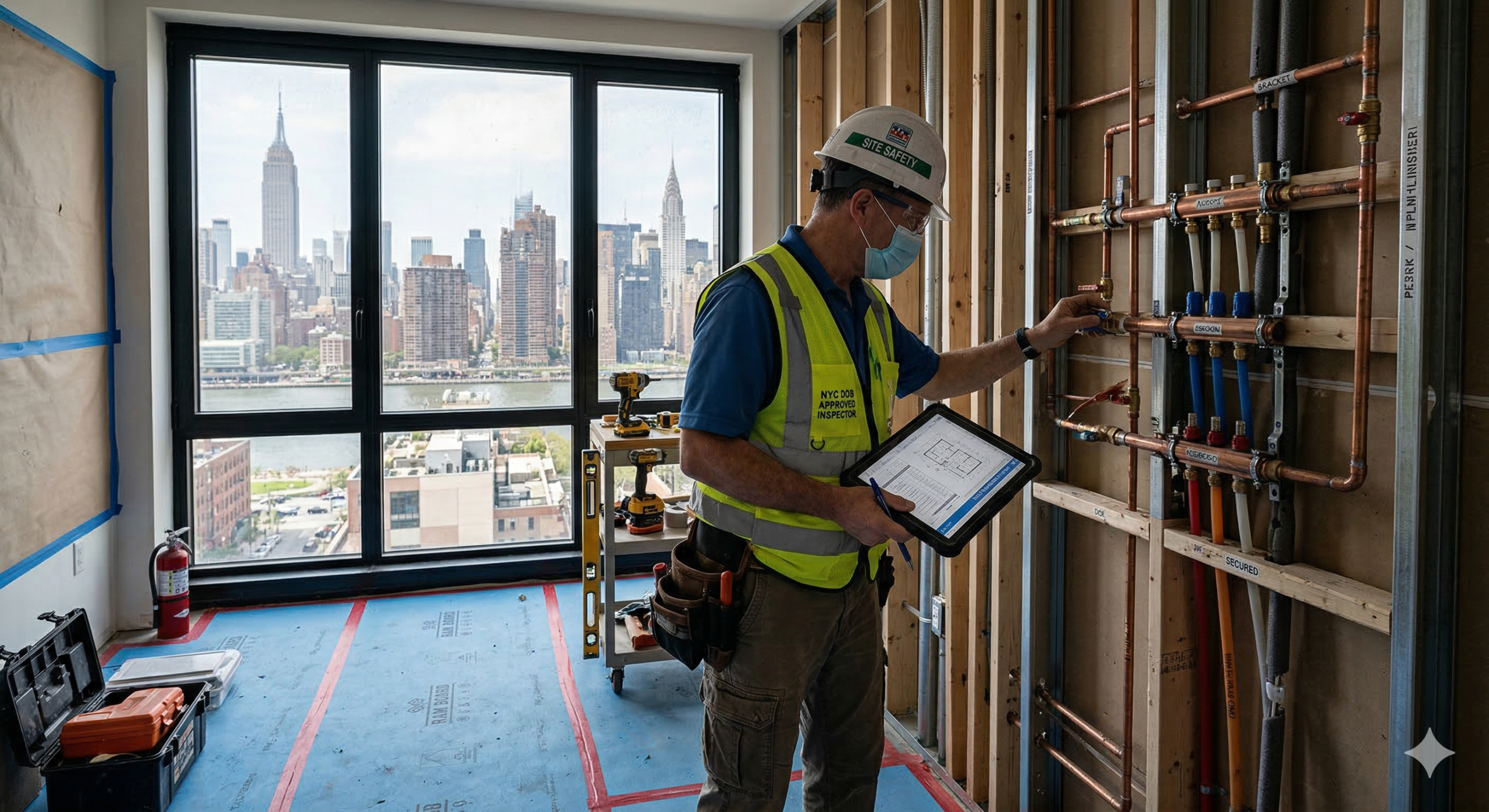 A site safety inspector wearing a hard hat and mask using a tablet to verify newly installed copper plumbing against approved architectural plans in a high-rise apartment