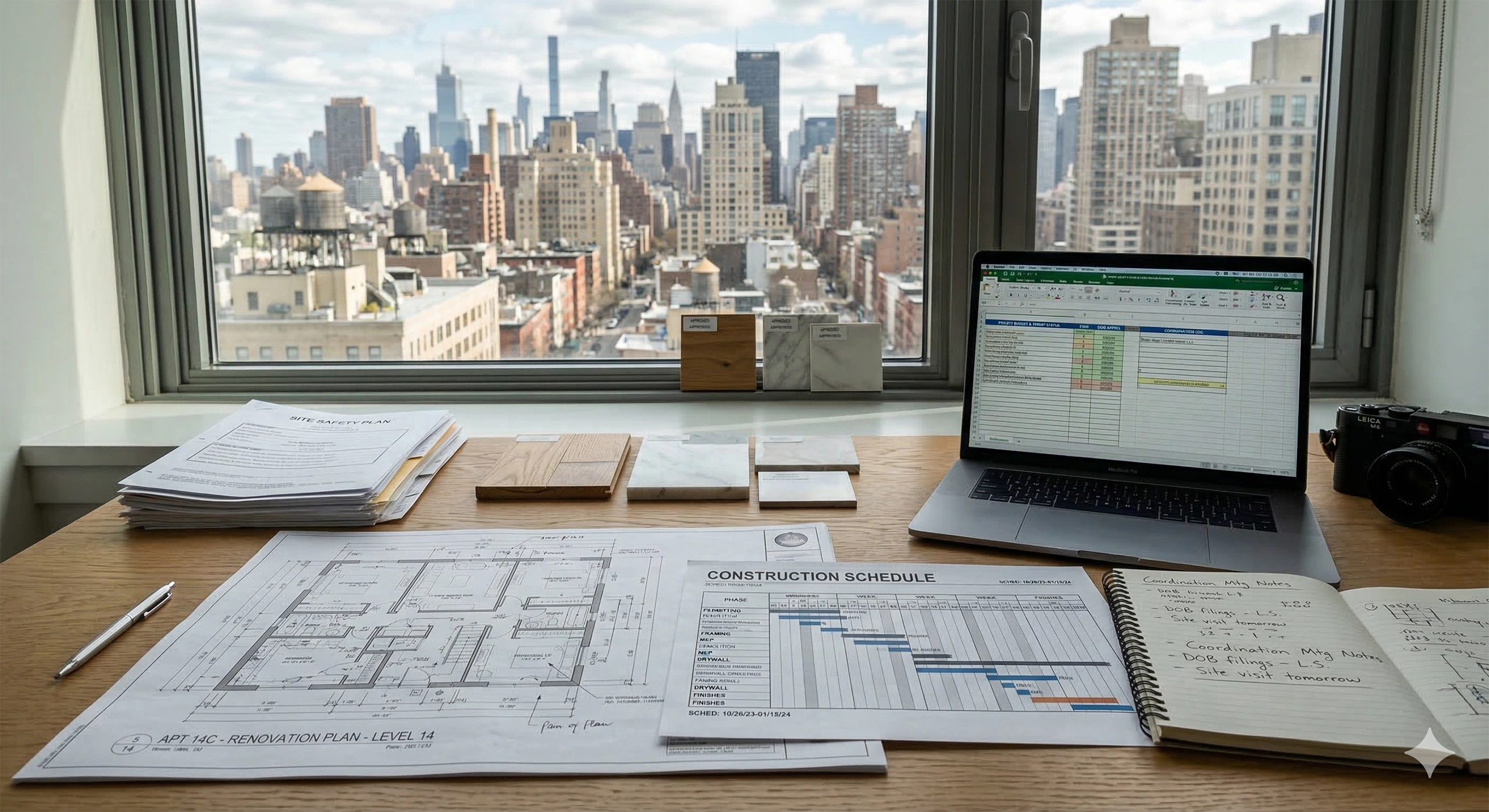 A project management workspace overlooking the city, featuring a laptop, printed construction schedule, architectural floor plans, and material samples for a renovation