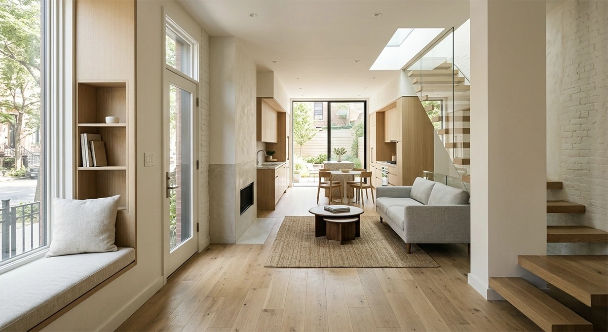 A bright, narrow open-plan ground floor of a NYC townhouse, efficiently utilizing space with built-in window seating, a linear kitchen, and a glass wall opening to a private rear garden to maximize natural light