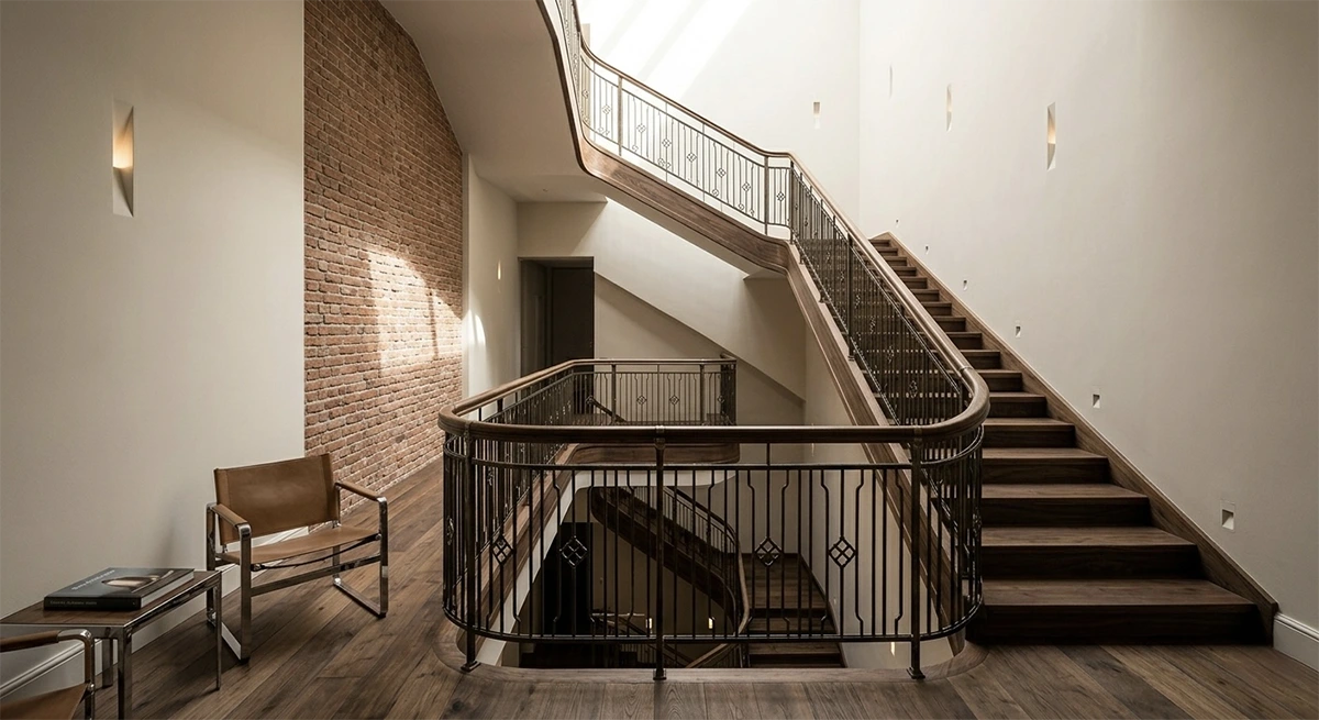 An elegant, winding modern wooden staircase with custom iron railings ascending through multiple floors of a townhouse, set against a beautifully restored historic brick party wall bathed in natural skylight