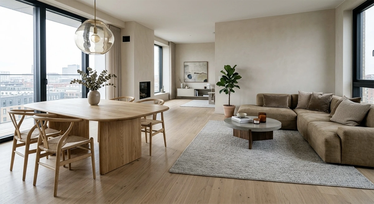 A bright, minimalist open-concept living space demonstrating effective zoning using a large textured rug to anchor a plush sectional sofa, visually separating it from a light wood dining table