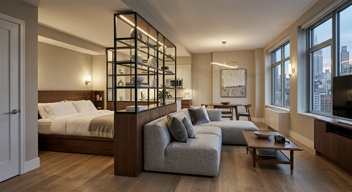 An open-plan apartment using a custom wood and metal open shelving unit and the back of a grey sofa to separate a bedroom zone from the main living and dining area