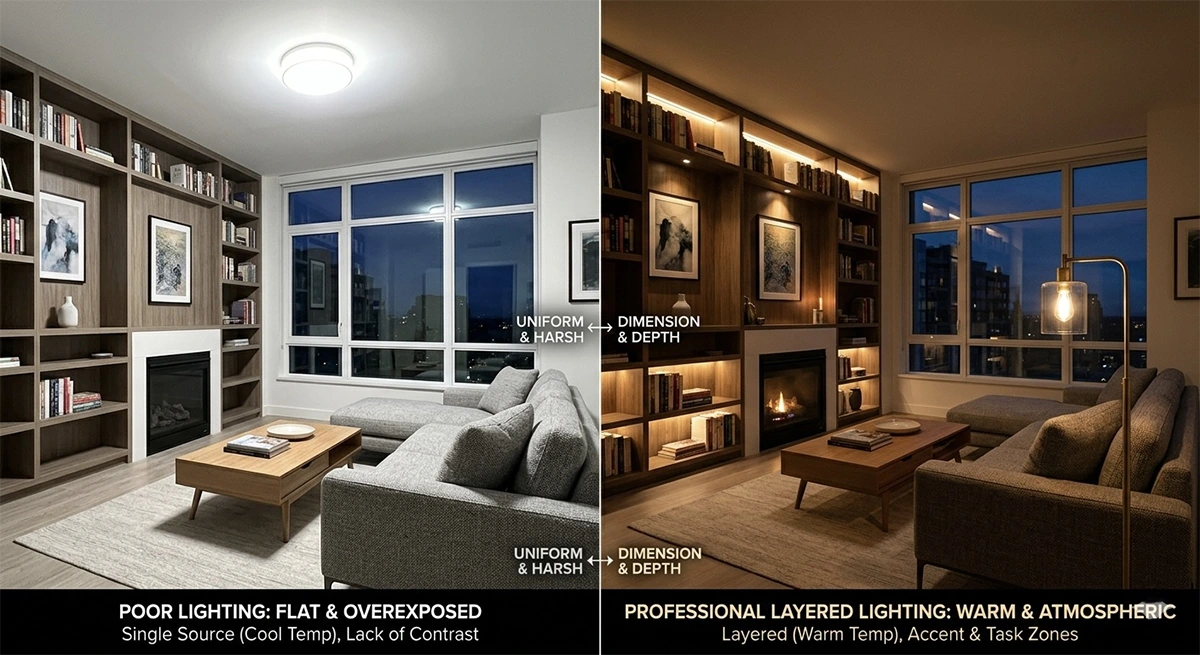 A side-by-side visual comparison of a living room demonstrating the difference between poor, flat, overexposed single-source lighting and professional, warm, atmospheric layered lighting