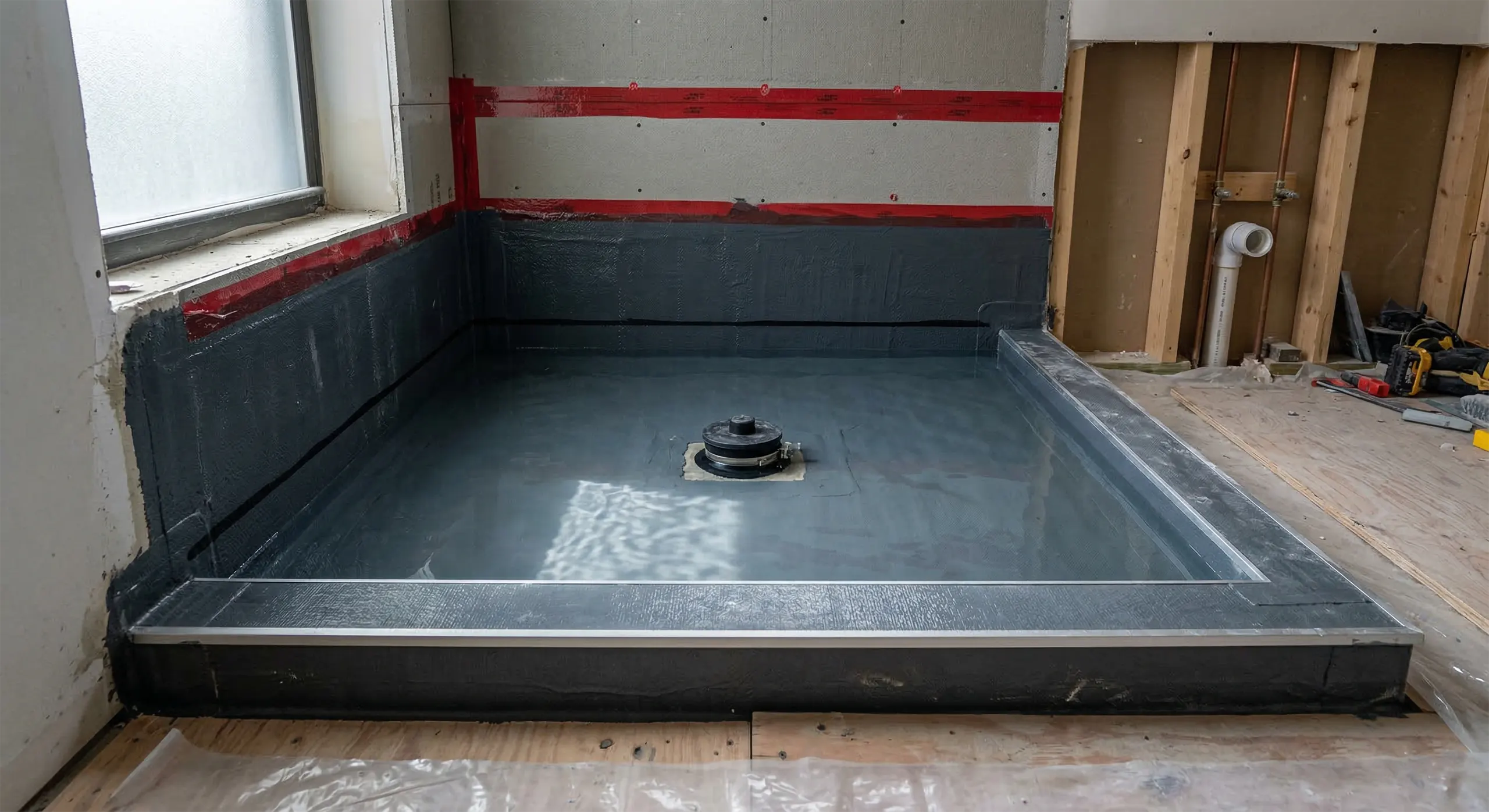 A newly constructed shower pan filled with water for a flood test, demonstrating the integrity of the grey waterproofing membrane and the clamped central drain before tile installation