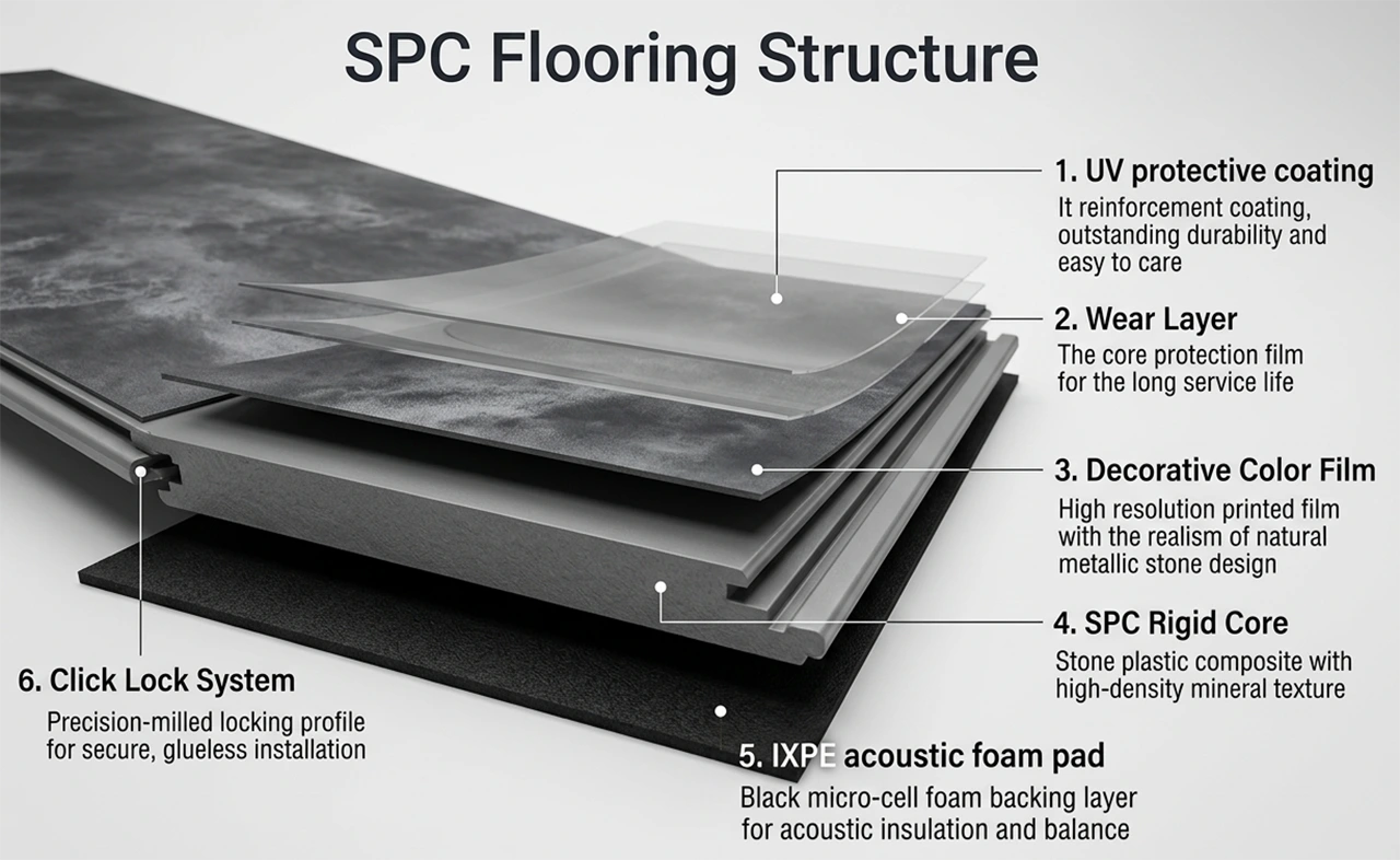 Cross-section diagram of SPC flooring showing UV coating, wear layer, decorative film, rigid core, IXPE foam pad, and click-lock system