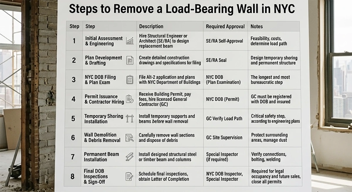An infographic chart detailing the 8 sequential steps to remove a load-bearing wall in NYC, from initial engineering and DOB filing to temporary shoring and final inspections