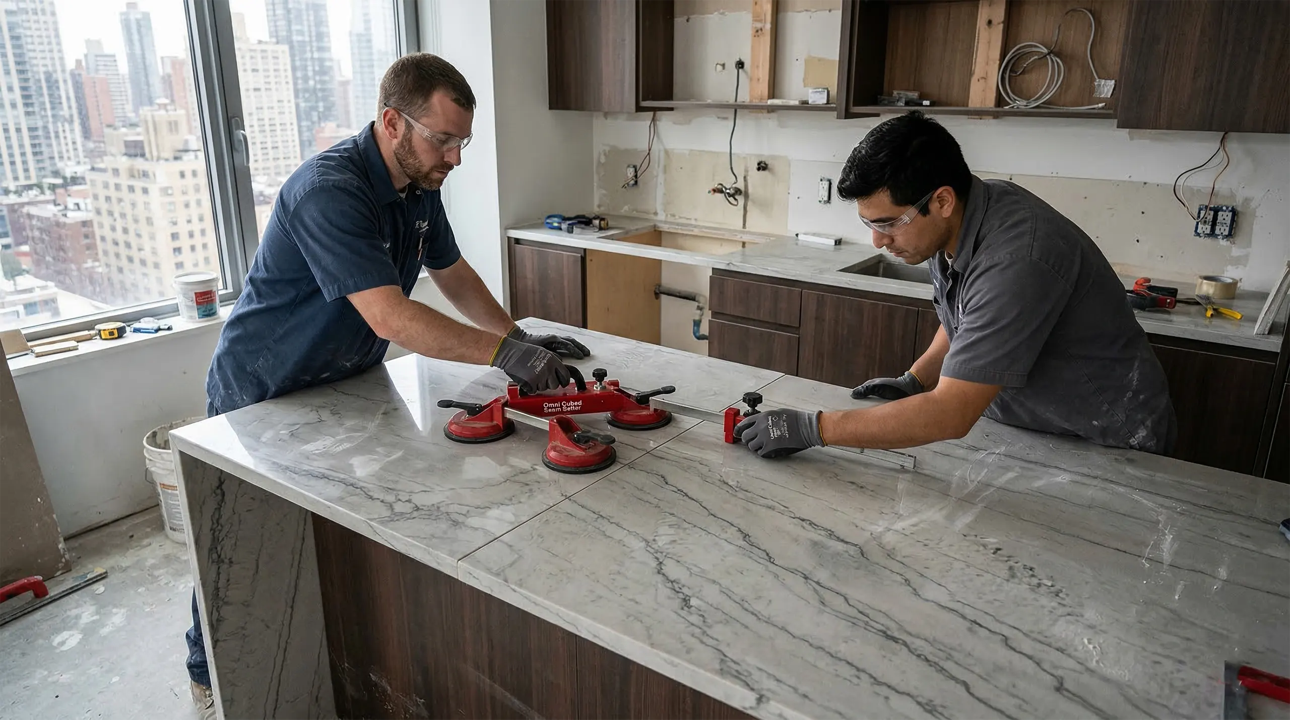 Two professional installers using heavy-duty suction seam setters to precisely align two large stone countertop slabs in a high-rise kitchen under construction