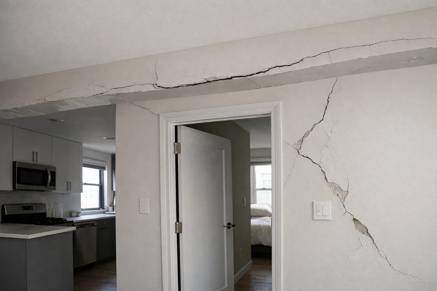 Severe structural cracking along a wall and ceiling header above a doorway, illustrating the serious damage caused by removing a load-bearing wall without proper engineering.