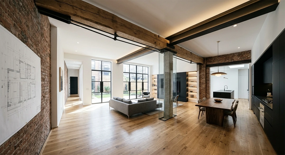 A wide-open living and dining area in a renovated townhouse, featuring a massive exposed steel structural beam and glass-enclosed column, demonstrating how heavy engineering enables open-concept floor plans