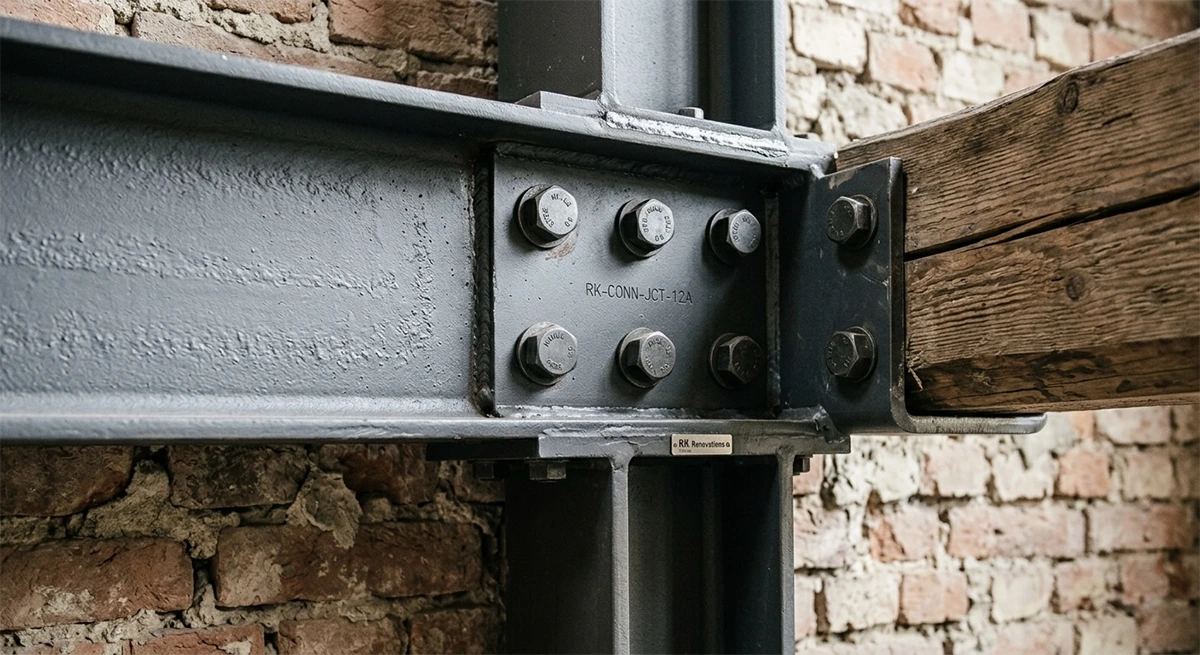 Extreme close-up of a heavy-duty bolted steel beam connection intersecting with an original wooden joist against a raw brick party wall, highlighting the structural engineering required in townhouse renovations