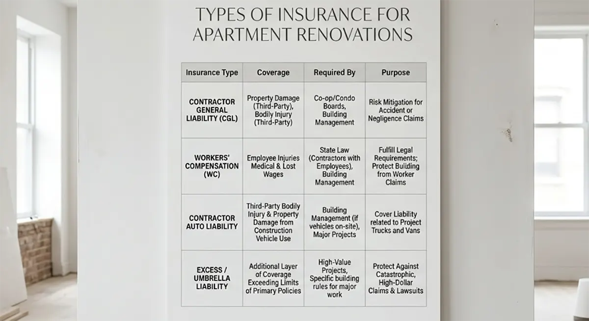 Chart outlining the types of insurance for apartment renovations, including Contractor General Liability, Workers Compensation, Auto Liability, and Excess Liability, along with their purpose
