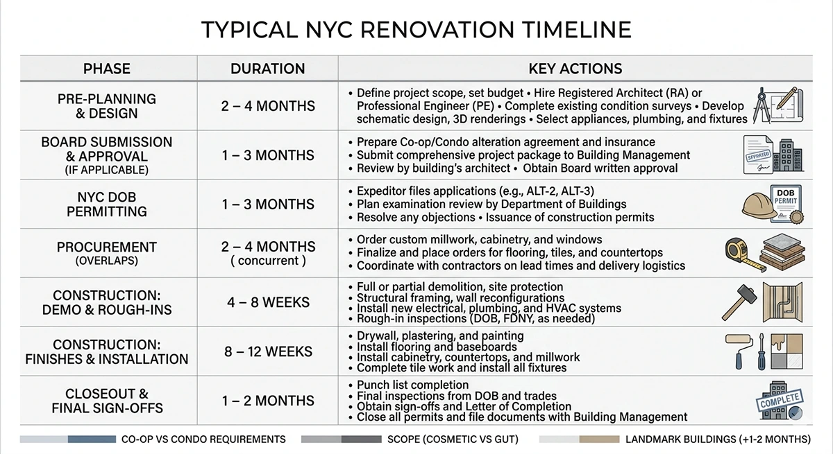 Infographic chart displaying a typical NYC renovation timeline, breaking down phases like pre-planning, board submission, permitting, and construction into months and weeks