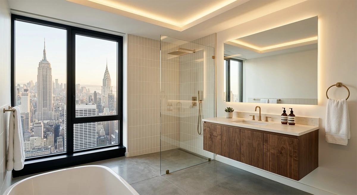Bright modern bathroom featuring a walk-in shower with vertically stacked white subway tile to emphasize height, contrasted against large format grey floor tiles and a warm wood vanity