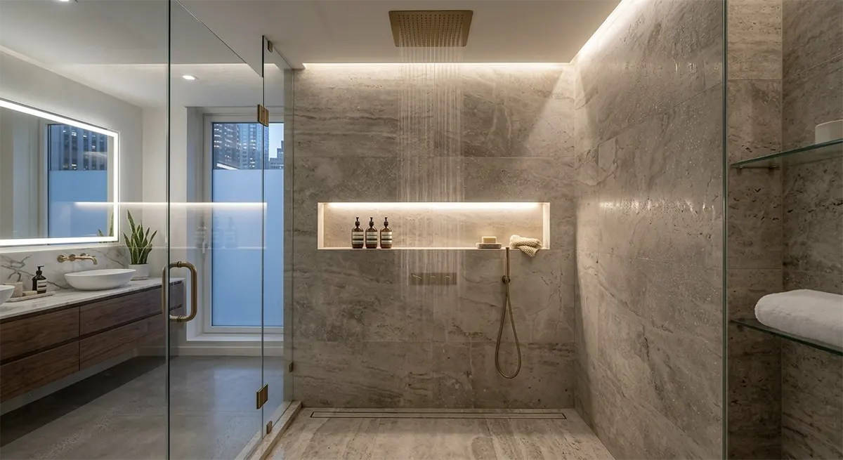 Luxurious frameless glass walk-in shower featuring grey stone tiles, a flush ceiling-mounted rain showerhead, warm linear ceiling lighting, and a long horizontal built-in product niche with LED accent lighting