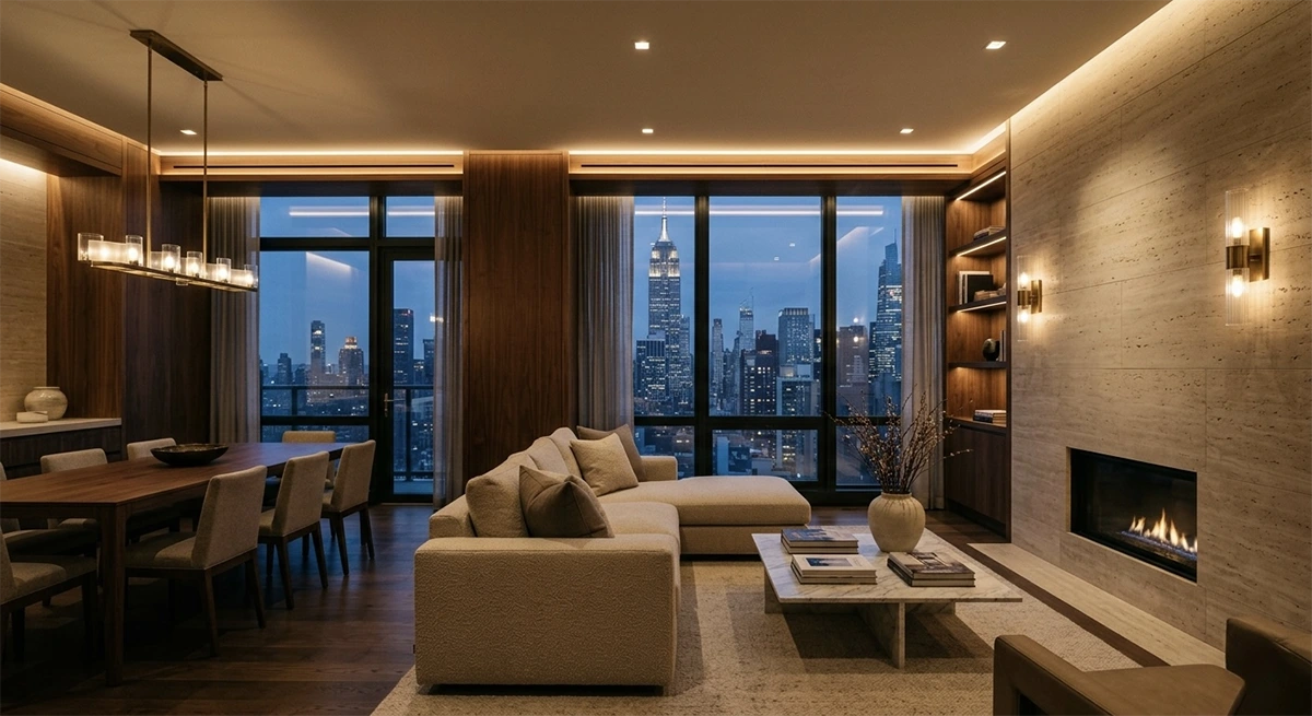 An elegant open-concept dining and living space featuring warm cove uplighting on the ceiling and textured wall-washing illumination behind a fireplace, enhancing the room's perceived volume.